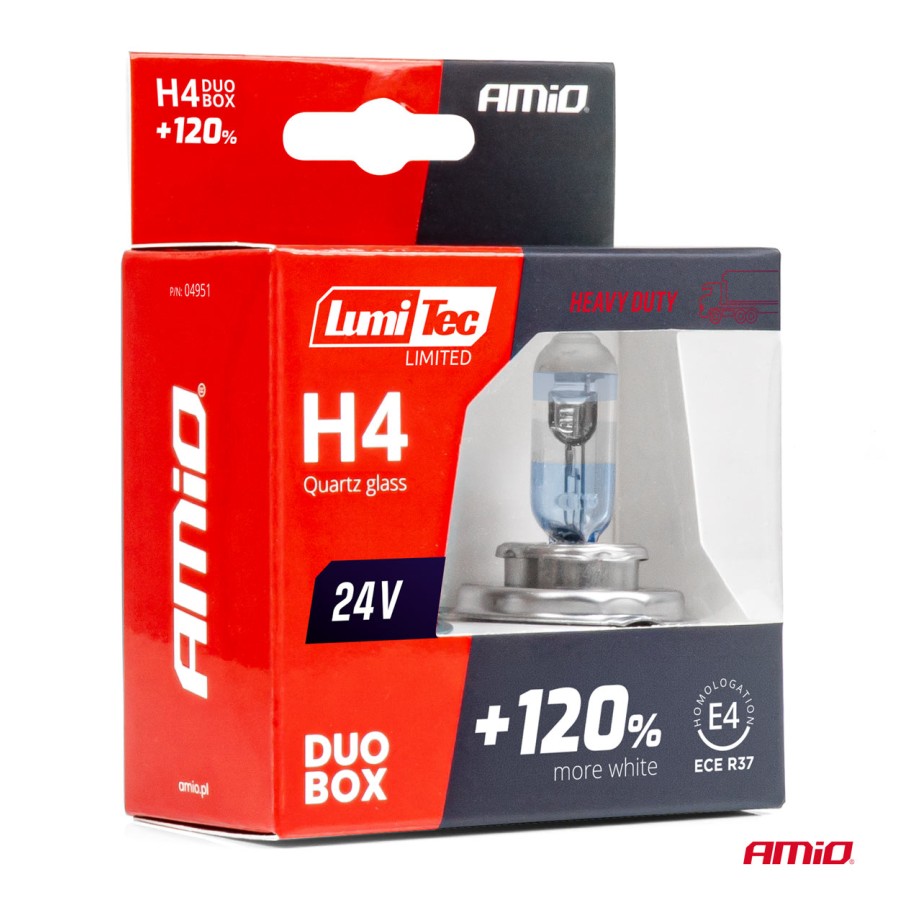 Amio – Σετ Λαμπτήρες Αλογόνου H4 24V 75/70W LumiTec LIMITED +120% P43t για Φορτηγά & Λεωφορεία, προσφέρει διπλή σκάλα και κορυφαία φωτεινότητα – 2 Τεμ. (04951/AM)