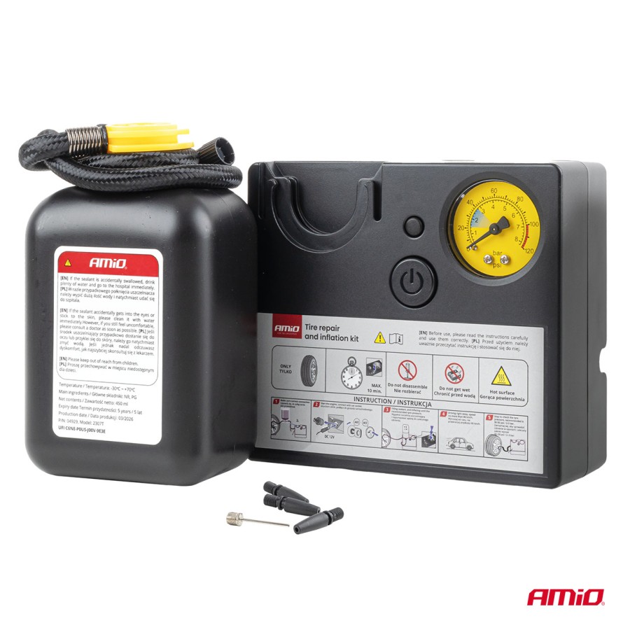 Amio – Κιτ Επισκευής & Φουσκώματος Ελαστικών 12V 120 PSI με Κομπρεσέρ Κυλίνδρου 19mm Universal, εξασφαλίζει συμπαγή σχεδιασμό και άμεση αυτονομία – 1 Τεμ. (04929/AM)