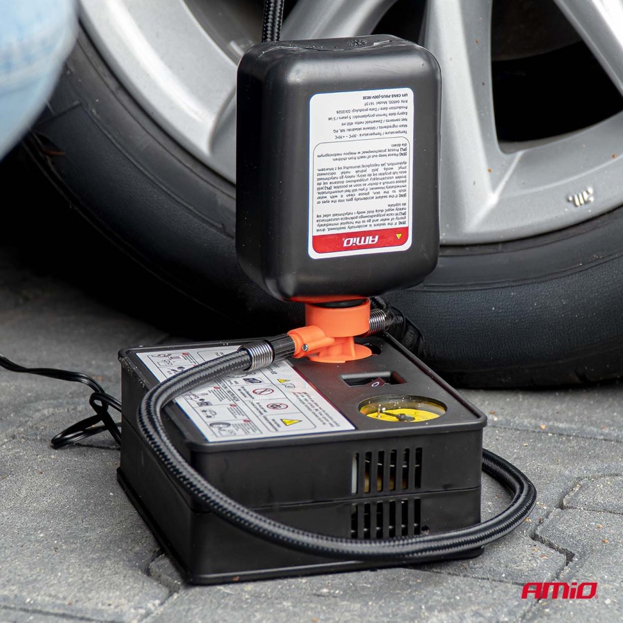 Amio – Κιτ Επισκευής & Φουσκώματος Ελαστικών 12V 120 PSI με Κομπρεσέρ Κυλίνδρου 31mm Universal, προσφέρει ακαριαία αποκατάσταση βλαβών – 1 Τεμ. (04930/AM)