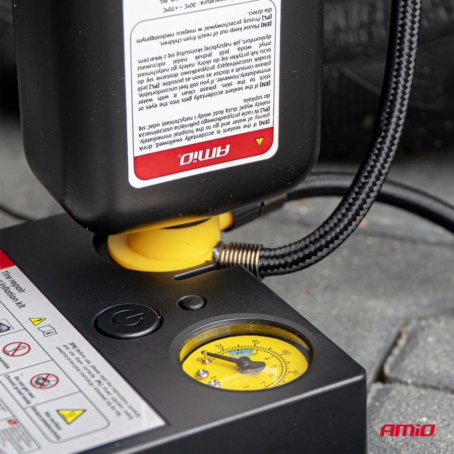 Amio – Κιτ Επισκευής & Φουσκώματος Ελαστικών 12V 120 PSI με Κομπρεσέρ Κυλίνδρου 19mm Universal, εξασφαλίζει συμπαγή σχεδιασμό και άμεση αυτονομία – 1 Τεμ. (04929/AM)