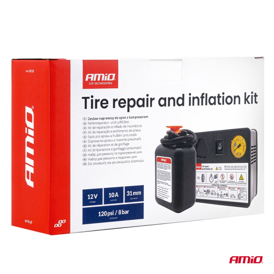 Amio – Κιτ Επισκευής & Φουσκώματος Ελαστικών 12V 120 PSI με Κομπρεσέρ Κυλίνδρου 31mm Universal, προσφέρει ακαριαία αποκατάσταση βλαβών – 1 Τεμ. (04930/AM)