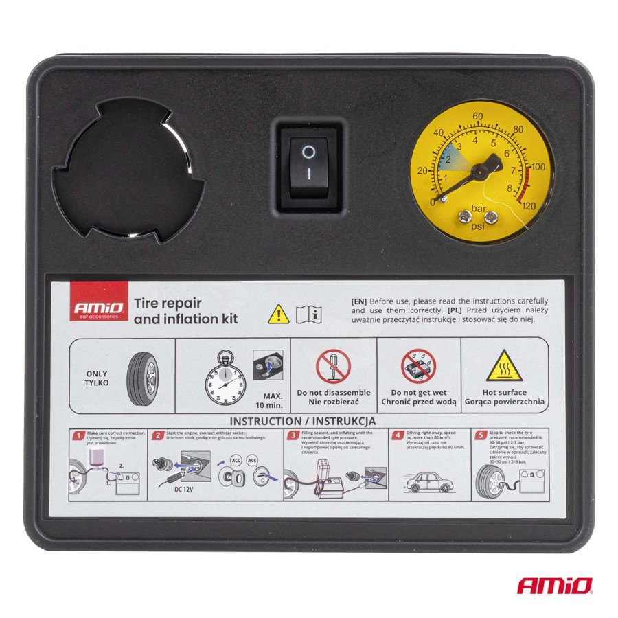 Amio – Κιτ Επισκευής & Φουσκώματος Ελαστικών 12V 120 PSI με Κομπρεσέρ Κυλίνδρου 31mm Universal, προσφέρει ακαριαία αποκατάσταση βλαβών – 1 Τεμ. (04930/AM)