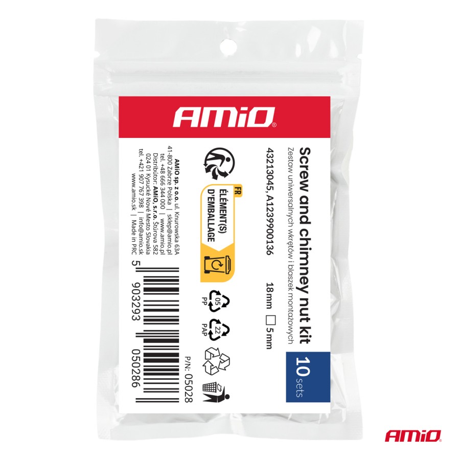 Amio – Σετ Βίδες και Μεταλλικά Κλιπ Στερέωσης Αμαξώματος & Επενδύσεων 18mm ⌀5mm Universal, εξασφαλίζουν σταθερή συγκράτηση και προστασία – 10 Σετ (05028/AM)