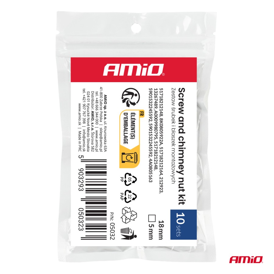 Amio – Σετ Βίδες και Μεταλλικά Κλιπ Στερέωσης Αμαξώματος & Επενδύσεων 18mm ⌀5mm Universal, εξασφαλίζουν ακλόνητη συγκράτηση – 10 Σετ (05032/AM)