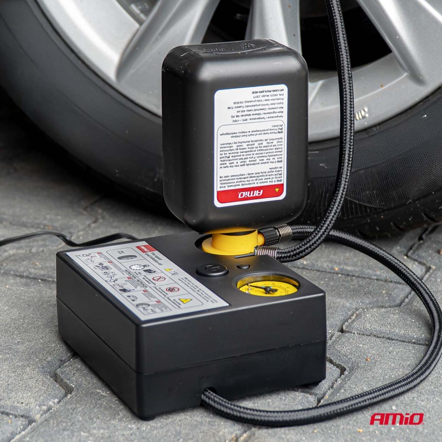 Amio – Κιτ Επισκευής & Φουσκώματος Ελαστικών 12V 120 PSI με Κομπρεσέρ Κυλίνδρου 19mm Universal, εξασφαλίζει συμπαγή σχεδιασμό και άμεση αυτονομία – 1 Τεμ. (04929/AM)