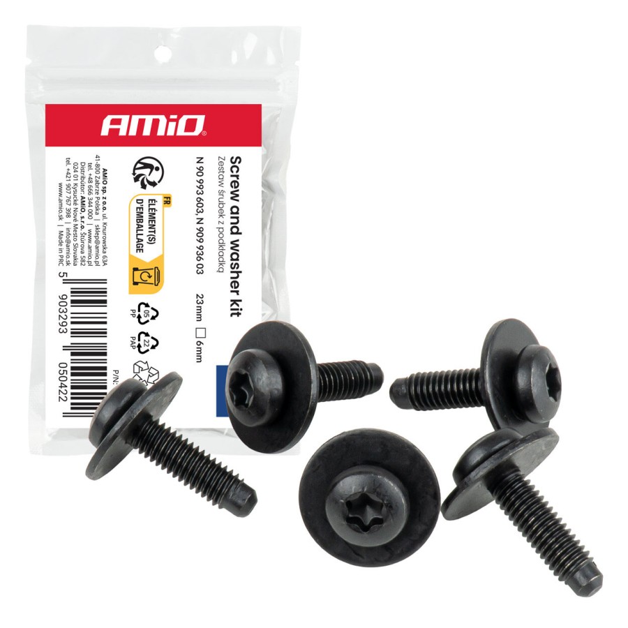 Amio – Σετ Βίδες Torx και Μεταλλικές Ροδέλες Στερέωσης 23mm ⌀6mm Universal, εξασφαλίζουν ομοιόμορφη κατανομή πίεσης και ασφαλές σφίξιμο – 5 Σετ (0542/AM)