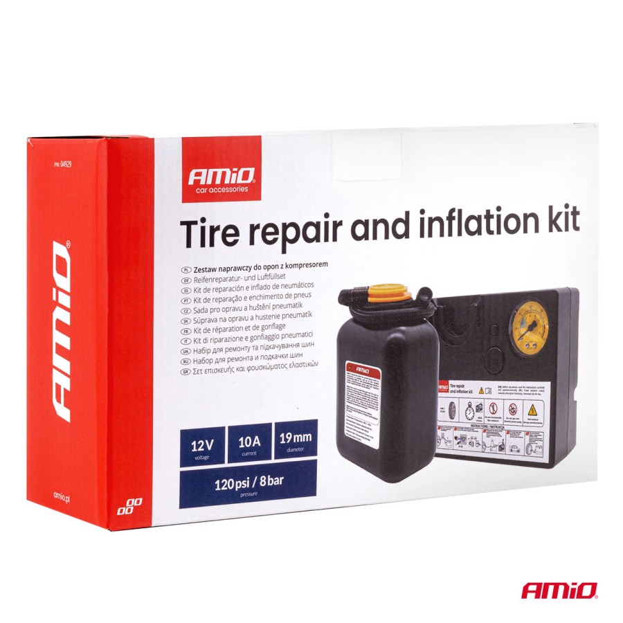 Amio – Κιτ Επισκευής & Φουσκώματος Ελαστικών 12V 120 PSI με Κομπρεσέρ Κυλίνδρου 19mm Universal, εξασφαλίζει συμπαγή σχεδιασμό και άμεση αυτονομία – 1 Τεμ. (04929/AM)