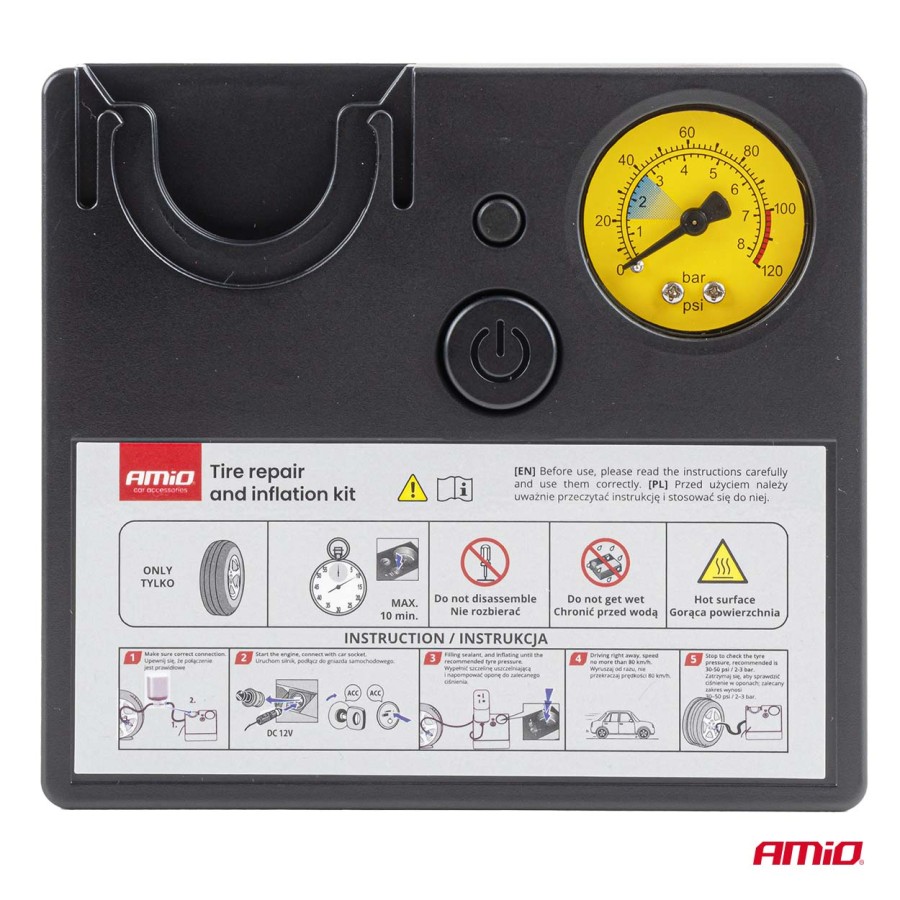 Amio – Κιτ Επισκευής & Φουσκώματος Ελαστικών 12V 120 PSI με Κομπρεσέρ Κυλίνδρου 19mm Universal, εξασφαλίζει συμπαγή σχεδιασμό και άμεση αυτονομία – 1 Τεμ. (04929/AM)