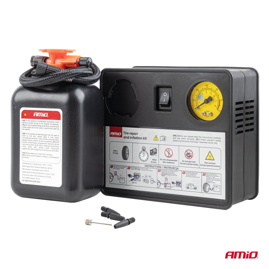 Amio – Κιτ Επισκευής & Φουσκώματος Ελαστικών 12V 120 PSI με Κομπρεσέρ Κυλίνδρου 31mm Universal, προσφέρει ακαριαία αποκατάσταση βλαβών – 1 Τεμ. (04930/AM)