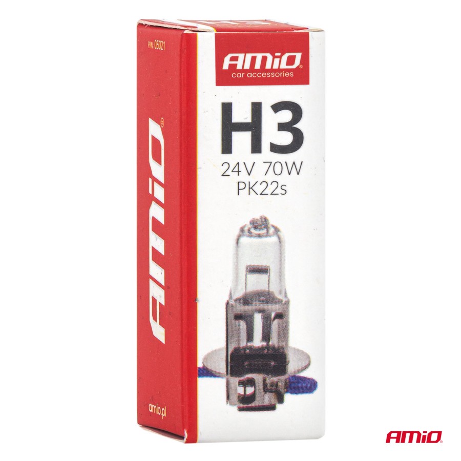 Amio – Λαμπτήρας Αλογόνου H3 24V 70W PK22s για Φορτηγά & Λεωφορεία, εξασφαλίζει ισχυρή εστίαση και μέγιστη αντοχή – 1 Τεμ. (05021/AM)