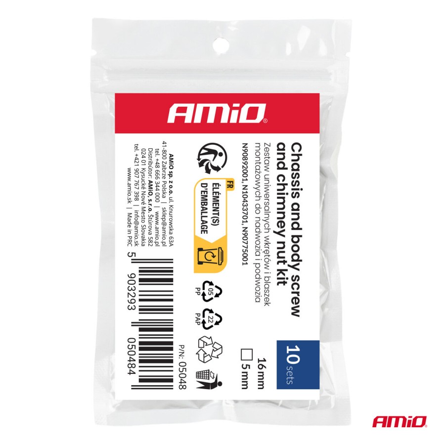 Amio – Σετ Βίδες και Μεταλλικά Κλιπ Στερέωσης Αμαξώματος & Σασί 16mm ⌀5mm Universal, εξασφαλίζουν ακλόνητη συγκράτηση ποδιών και καλυμμάτων – 10 Σετ (05048/AM)