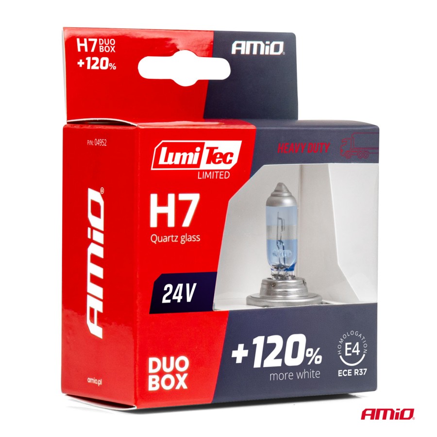 Amio – Σετ Λαμπτήρες Αλογόνου H7 24V 70W LumiTec LIMITED +120% PX26d για Φορτηγά & Λεωφορεία, προσφέρει διευρυμένη δέσμη και κορυφαία ορατότητα – 2 Τεμ. (04952/AM)