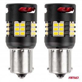 Amio - Λάμπες LED P21W βάση BA15S τύπου Pro Series τάση λειτουργίας 12/24V με 24x3020 SMD Can-bus λευκό για Επιβατικά Αυτοκίνητα και Φορτηγά - 2 τεμ. (03721/AM) Με Κάλυκα americat.gr