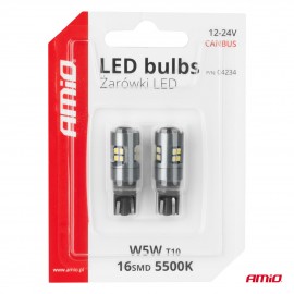 Amio - ΛΑΜΠΑΚΙΑ T10 W5W 12V/24V LED CAN-BUS 16xSMD 2016 ΛΕΥΚΟ ΦΩΣ 5.500K (ΣΕ ΧΡΩΜΑ ΧΡΩΜΙΟΥ) - 2 ΤΕΜ. (04234/AM) Με Κάλυκα americat.gr