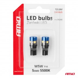 Amio - Λάμπες LED T10 W5W τάση λειτουργίας 12/24V με 5xSMD 3030 Can-bus λευκό φως 5.500K (σε χρώμα μπλε-μαύρο) για Επιβατικά Αυτοκίνητα και Φορτηγά - 2 τεμ. (04240/AM) Χωρίς Κάλυκα americat.gr