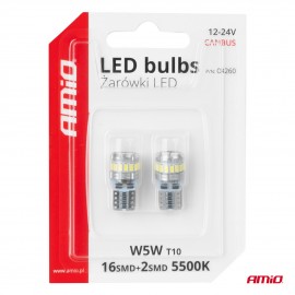 Amio - Λάμπα LED CANBUS T10 (W5W) 16SMD 3014 + 2SMD 3030 Λευκή 6000K 12V/24V για Φώτα Θέσης, Πινακίδας & Εσωτερικού - 2τεμ. (04260/AM) Λάμπες americat.gr