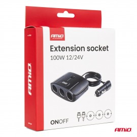 Amio - ΑΝΤΑΠΤΟΡΑΣ ΑΝΑΠΤΗΡΑ 12/24V 100W ΜΑΥΡΟΣ/3 ΘΕΣΕΙΣ/2xUSB-A /ΚΟΥΜΠΙ ON-OFF/ΚΑΛΩΔΙΟ 70cm - 1 Τεμ. (04362/AM) Φορτιστές 12 και 24V americat.gr