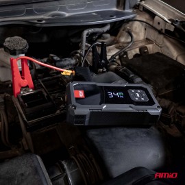 Amio - Φορητός Εκκινητής Μπαταρίας (Jump Starter) με ενσωματωμένο Κομπρεσέρ Αέρα, Powerbank και Φακό LED τάση λειτουργίας 12V με χωρητικότητα 7,2Ah και μέγιστο ρεύμα εκκίνησης 600A για Επιβατικά Αυτοκίνητα - 1 τεμ. (04674/AM) Εκτακτη Ανάγκη americat.gr
