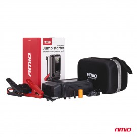Amio - Φορητός Εκκινητής Μπαταρίας (Jump Starter) 4 σε 1 με ενσωματωμένο Κομπρεσέρ Αέρα, Powerbank και Φακό LED τάση λειτουργίας 12V με χωρητικότητα 12Ah και μέγιστο ρεύμα εκκίνησης 1600A για Επιβατικά Αυτοκίνητα - 1 τεμ. (04677/AM) Εκκινητές Μπαταρίας am