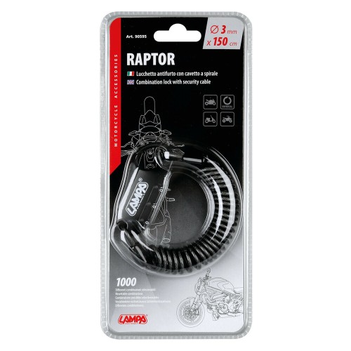 Lampa - Κλειδαριά Ασφαλείας Raptor με Συρματόσχοινο 150cm για Κράνη / Ποδήλατα / Laptop με Επαναρυθμιζόμενο 3ψήφιο Συνδυασμό και Ατσάλινο Πυρήνα - 1 Τεμ. (9059.5-LB-LM)