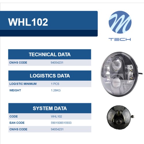 M-Tech - Στρογγυλό Φανάρι WHL102 BLACK 7'' με 8 Cree LED (XML-10W) 9-36V 6000-6500K σε Μαύρο Χρώμα - 1 τεμ. (WHL102/MT)