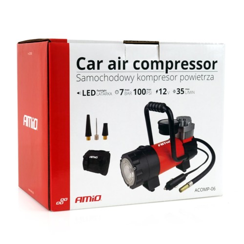 AMiO – Κομπρεσέρ αέρα ελαστικών αυτοκινήτου 12V 100psi 7bar 28l/min, φουσκώστε τα ελαστικά σας με απόλυτη ευκολία και φωτίστε κάθε δύσκολο σημείο – 1 Τεμ. (02180/AM)