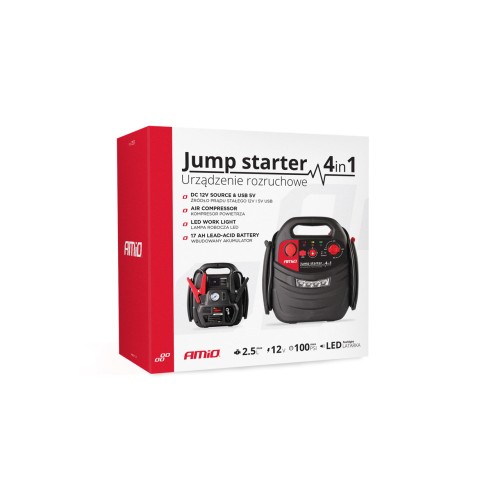 Amio - ΕΚΚΙΝΗΤΗΣ ΜΠΑΤΑΡΙΑΣ STARTER 4 ΣΕ 1 17Ah 12V DC 300A (700A max) 250PSI ΜΕ ΚΟΜΠΡΕΣΕΡ ΑΕΡΑ / ΜΑΝΟΜΕΤΡΟ / 3 LED / 2 ΠΡΙΖΕΣ 12V / 1 ΘΥΡΑ USB 5V 2,1A SENA ΓΙΑ ΒΕΝΖΙΝΗ ΚΑΙ DIESEL - 1 ΤΕΜ. (02523/AM)