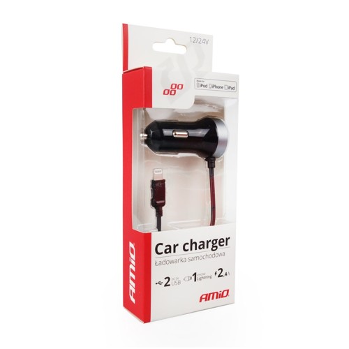 Amio - Φορτιστής Αναπτήρα 12-24V 2.4A με 2 θύρες USB και καλώδιο Lightning για ταυτόχρονη φόρτιση συσκευών με σταθερή παροχή ρεύματος σε αυτοκίνητα και επαγγελματικά οχήματα - 1 Τεμ. (02057/AM)