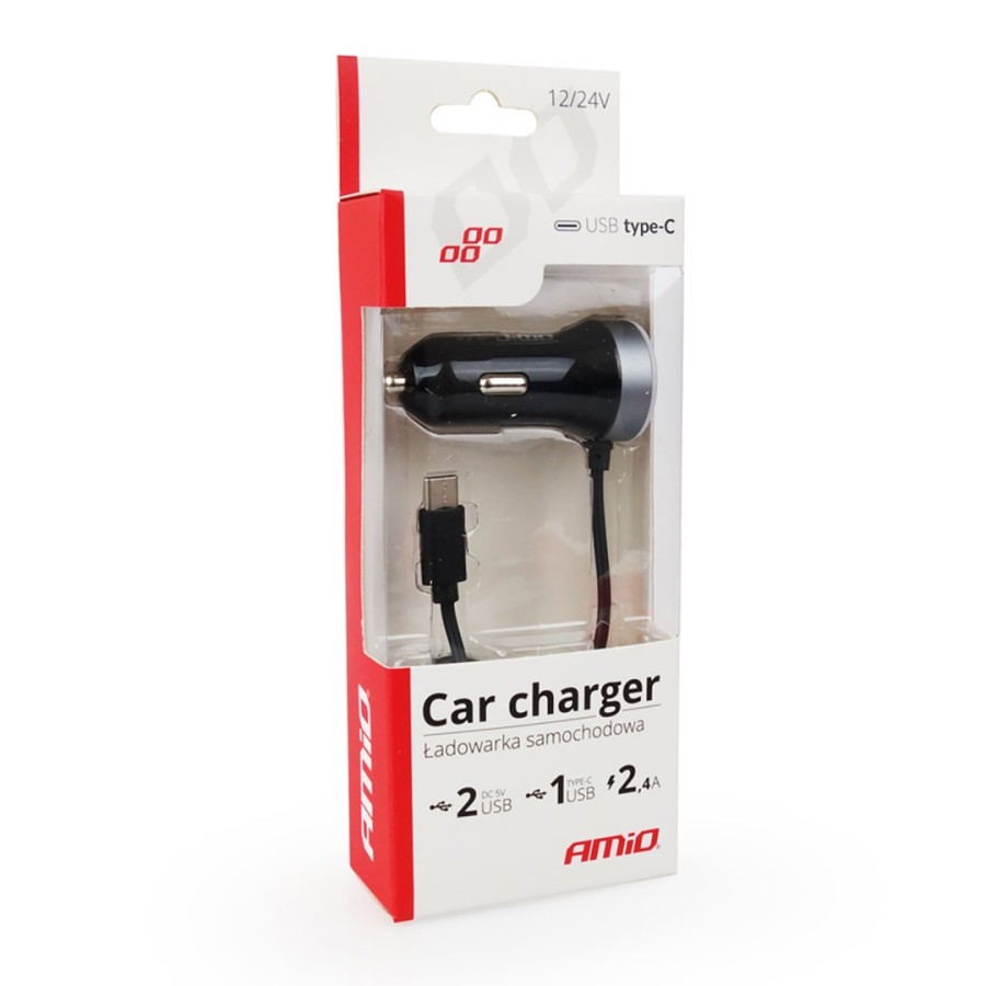 Amio - Φορτιστής Αναπτήρα 12-24V 2.4A με 2 θύρες USB και καλώδιο Type-C για ταυτόχρονη φόρτιση συσκευών με σταθερή παροχή ρεύματος σε αυτοκίνητα και επαγγελματικά οχήματα - 1 Τεμ. (02058/AM)