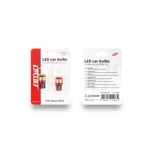 Amio - Λάμπες LED T10 W5W 12V 2.2W CAN-BUS 18xSMD4014 Λευκό Φως 5600K 12x23mm για Φώτα Θέσης Πινακίδας και Εσωτερικό Φωτισμό Αυτοκινήτου - 1 σετ (01286/AM)