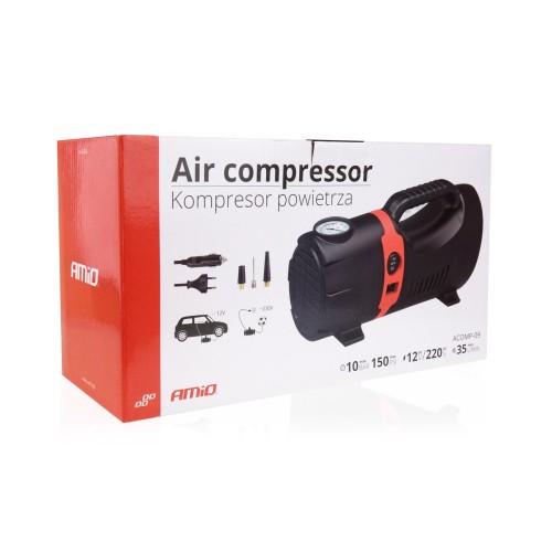 Amio - ΚΟΜΠΡΕΣΕΡ ΑΕΡΑ ΕΛΑΣΤΙΚΩΝ 230/12V 150psi 10bar ΜΕ ΦΙΣ ΑΝΑΠΤΗΡΑ & LED ΦΑΚΟ & ΚΑΛΩΔΙΟ - 1 τεμ. (02383/AM)