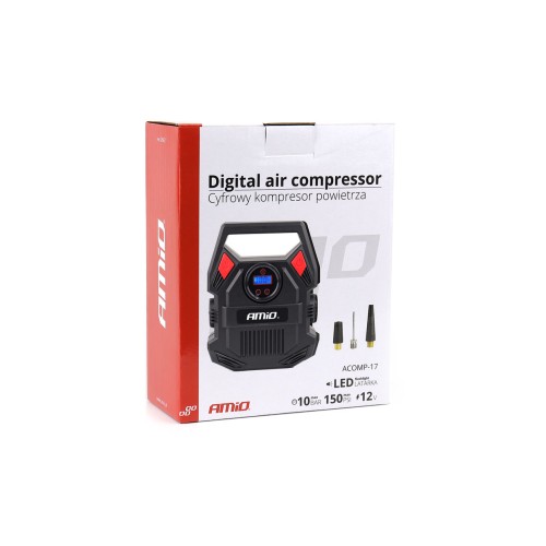 Amio - ΚΟΜΠΡΕΣΕΡ ΑΕΡΑ 12V 10bar/150psi ΜΕ 3 ΑΝΤΑΠΤΟΡΕΣ ΚΑΙ ΨΗΦΙΑΚΗ ΕΝΔΕΙΞΗ ACOMP-17 AMIO - 1 τεμ. (02642/AM)