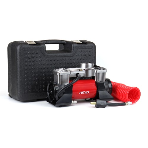Amio – Κομπρεσέρ Αέρα 12V Διπλού Κυλίνδρου 10BAR 150PSI 60L/min με Μανόμετρο, LED Φακό, Σετ Επισκευής & Βαλιτσάκι για Άμεση Αντιμετώπιση Έκτακτων Αναγκών – 1 Τεμ. (02640/AM)