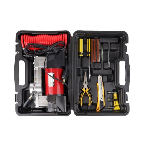 Amio – Κομπρεσέρ Αέρα 12V Διπλού Κυλίνδρου 10BAR 150PSI 60L/min με Μανόμετρο, LED Φακό, Σετ Επισκευής & Βαλιτσάκι για Άμεση Αντιμετώπιση Έκτακτων Αναγκών – 1 Τεμ. (02640/AM)