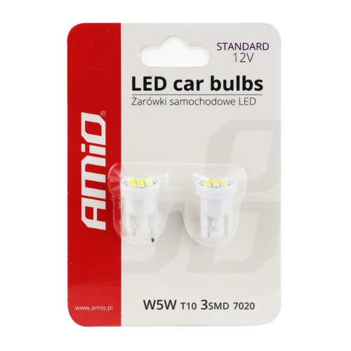 Amio - Λαμπάκια LED 3SMD 7020 τύπου T10 βάση W5W W2.1x9.5d τάση λειτουργίας 12V απόδοσης 0.4W χρώμα λευκό για Επιβατικά Αυτοκίνητα - 2 τεμ. (01096/AM)