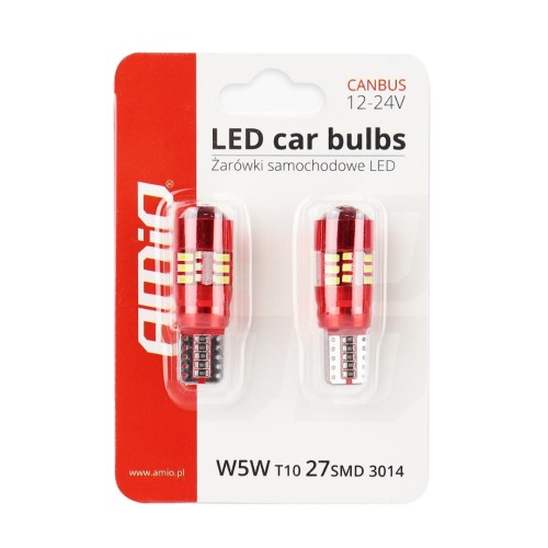 Amio – LED CANBUS T10 W5W 12V W2.1x9.5d 5600K 27xSMD 3014HP Καρφωτό Λευκό για Φώτα Θέσης & Εσωτερικού Αυτοκινήτου – 2 Τεμ. (01446/AM)