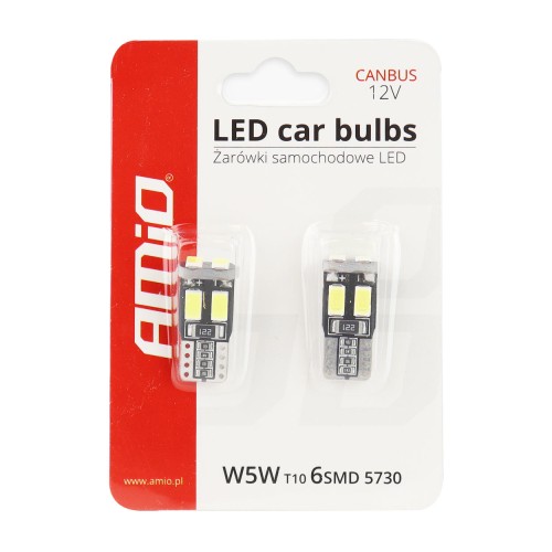 Amio – Λαμπάκια LED T10 W5W 12V 1W 5600K 6xSMD 5730 CANBUS Καρφωτά για Ισχυρό Λευκό Φωτισμό σε Καθημερινή Χρήση – Σετ 2 Τεμ. (01622/AM)