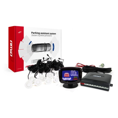 Amio – Σύστημα Παρκαρίσματος 12V με 8 Αισθητήρες 22mm Λευκό & Οθόνη LED GRAF για Απόλυτο Έλεγχο Απόστασης και Ασφαλές Παρκάρισμα – 1 Τεμ. (01600/AM)