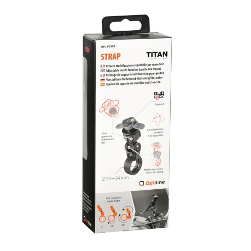 Βάση Στήριξης Κινητού Clamp της σειράς Titan Optiline για Τιμόνι Μηχανής ή Ποδηλάτου με διάμετρο από 14 mm έως 34 mm και σύστημα Duolock, συμβατή με Θήκες ή Αντάπτορες Κινητού Optiline