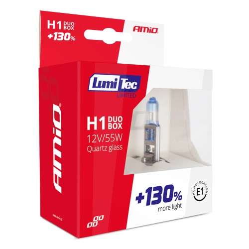 Amio - Λάμπα Αλογόνου Τύπου H1 Lumitec Limited βάση P14.5s τάση λειτουργίας 12V απόδοσης 55W χρώμα Λευκό +130% Φωτεινότητα Έως 40m για Επιβατικά Αυτοκίνητα - 2 τεμ. (01404/AM)