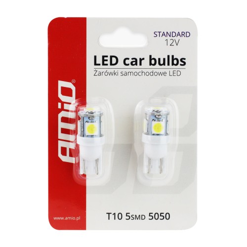 Amio - Λάμπες LED T10 W5W 12V W2.1x9.5d Λευκό Φως 5600K με 5 SMD 5050 chips Καρφωτές για Φώτα Θέσης Πινακίδας και Εσωτερικού Φωτισμού Αυτοκινήτου - 1 σετ (01284/AM)
