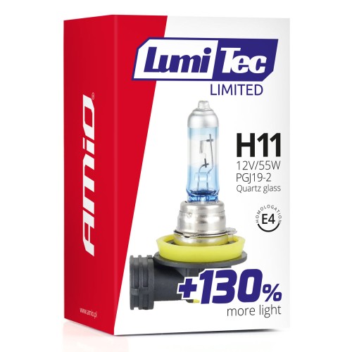 Amio - Λαμπτήρας Αλογόνου LumiTec Limited +130% τύπου H11 12V ισχύος 55W με βάση PGJ19-2 και λευκό φως 4300K για ενισχυμένη ορατότητα και μεγαλύτερη δέσμη έως 40m - 1 Τεμ. (02134/AM)