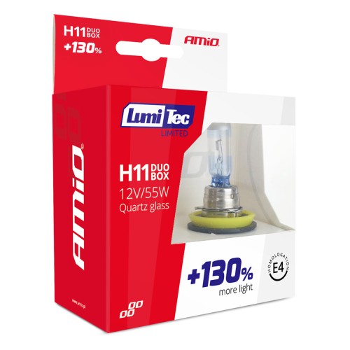 Amio - Λάμπες Αλογόνου H11 12V 55W PGJ19-2 LumiTec Limited με +130% Φωτεινότητα και Δέσμη έως 40m για Μεσαία & Μεγάλη Σκάλα με Λευκό Φως 4300K και UV Protection - 1 Σετ (02105/AM)