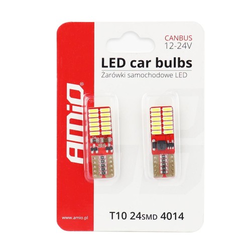 Amio - Λάμπες LED T10 W5W Καρφωτές 12/24V 2.2W 5600K με 24 SMD 4014 CANBUS για Φώτα Θέσης Πινακίδας & Εσωτερικού Φωτισμού με Ισχυρό Λευκό Φως και Χωρίς Σφάλματα - 1 Σετ (01287/AM)