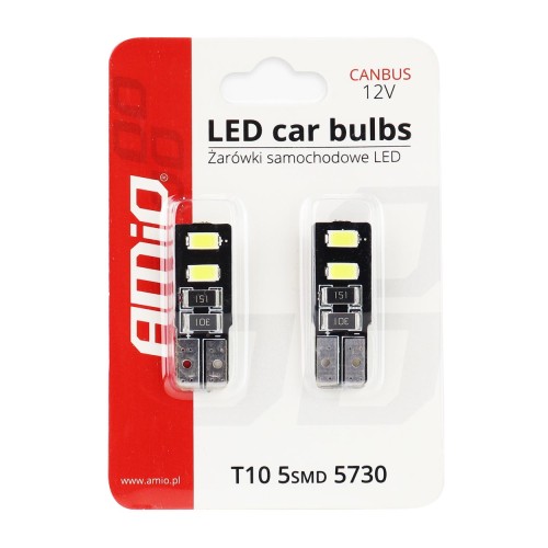 Amio – Λαμπάκια LED T10 W5W 12V 2W 5600K 4xSMD 5730 CANBUS Καρφωτά για Ισχυρό Λευκό Φωτισμό χωρίς Σφάλματα – Σετ 2 Τεμ. (01630/AM)