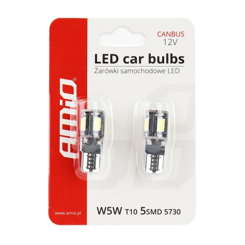 Amio – Λαμπάκια LED T10 W5W 12V 2W 5600K 5xSMD 5730 CANBUS Καρφωτά για Ισχυρό Λευκό Φωτισμό χωρίς Σφάλματα – Σετ 2 Τεμ. (01628/AM)