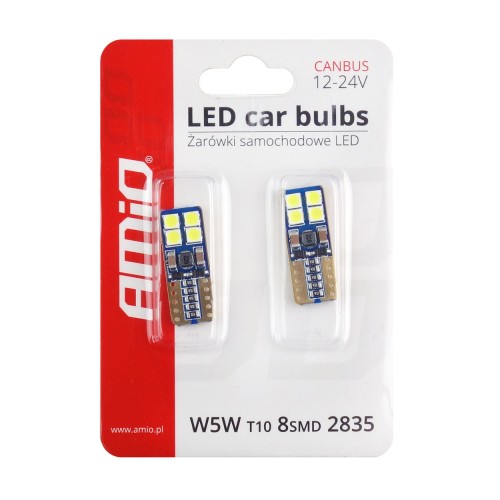 Amio – Λαμπάκια LED T10 W5W 12/24V 2W 5600K 8xSMD 2835 CANBUS Καρφωτά για Ισχυρό Λευκό Φωτισμό χωρίς Σφάλματα – Σετ 2 Τεμ. (01635/AM)