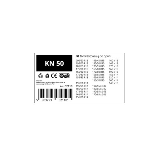 Amio - Αλυσίδες Χιονιού 12mm KN-50 για Σταθερή Πρόσφυση σε Χιόνι & Πάγο με Ανθεκτική Κατασκευή για Ασφαλή Οδήγηση σε Δύσκολες Συνθήκες - 1 Σετ (02110/AM)