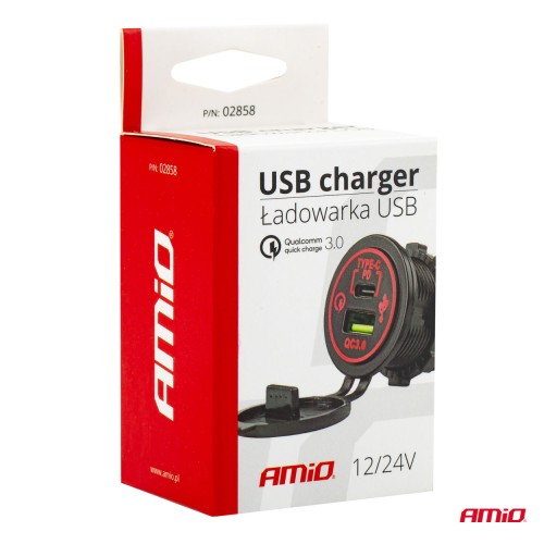 Amio - ΠΡΙΖΑ ΦΟΡΤΙΣΤΗΣ USB + TYPE C QUICK CHARGE 12/24V Φ37mmX51mm MOD-08 - 1 τεμ. (02858/AM)