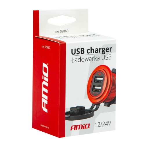 Amio - ΠΡΙΖΑ ΦΟΡΤΙΣΗΣ ΜΕ 2 ΘΥΡΕΣ USB ΚΑΙ ΚΑΠΑΚΙ ΚΟΚΚΙΝΗ/ΜΑΥΡΗ 12/24V 5V 3.1A MOD-10 - 1 τεμ. (02860/AM)